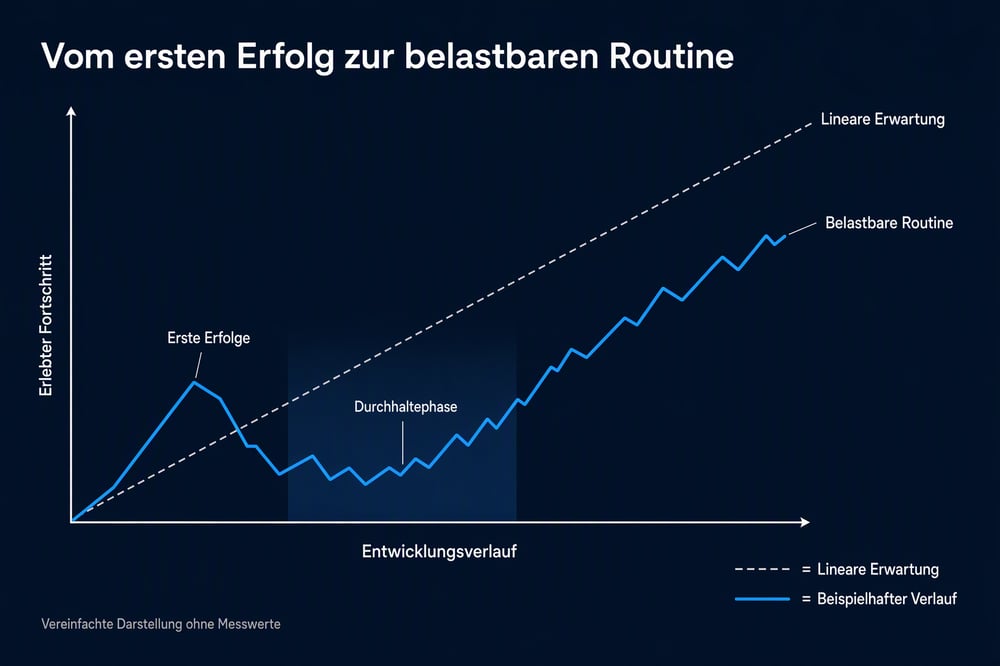 Liniendiagramm: lineare Erwartung im Vergleich zum schwankenden Verlauf in Form einer Zackenlinie mit erster Erfolgsphase, Durchhaltephase und belastbarer Routine